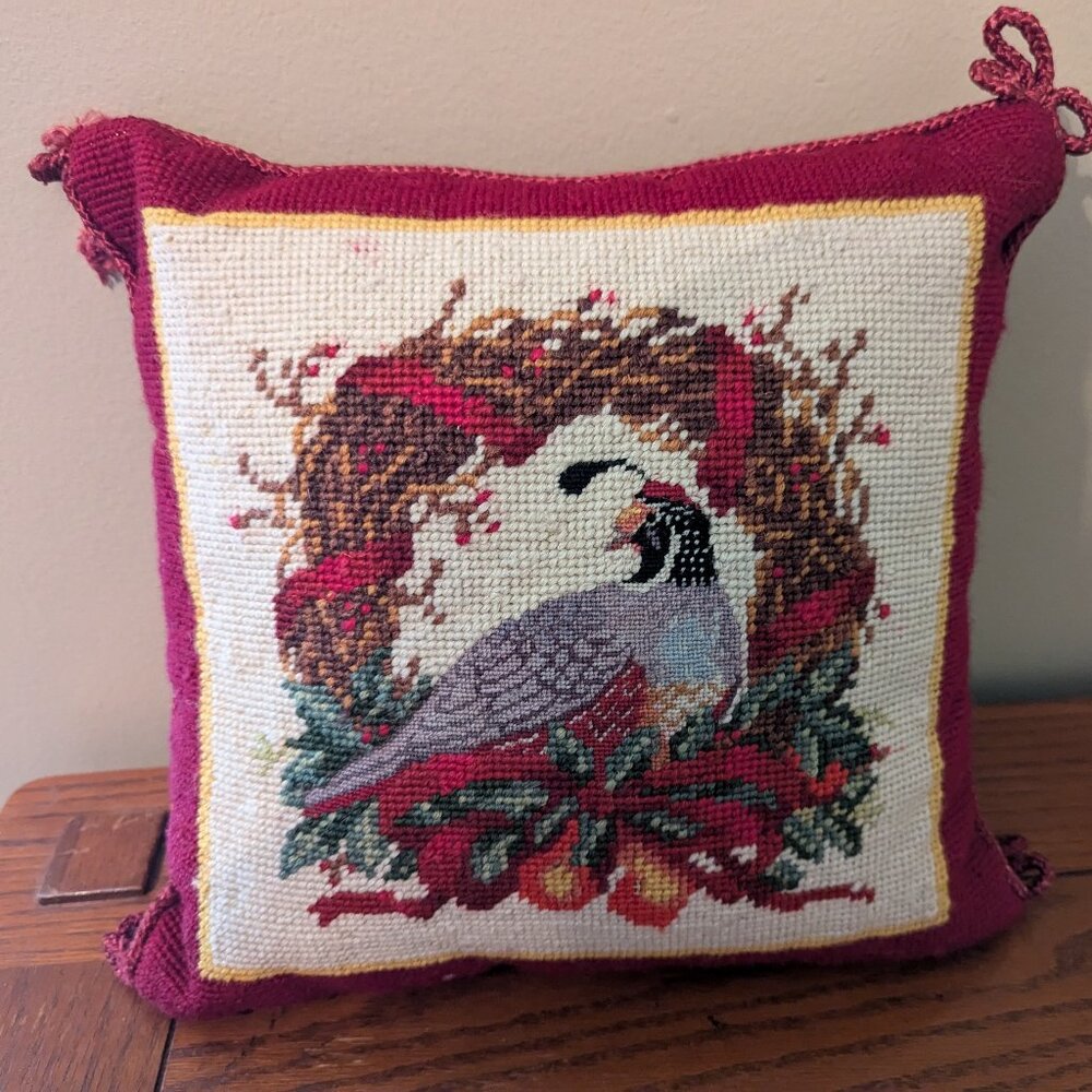 Embroidered Quail Pillow Red Square 12" Vintage 1991 Peking Handicraft Holiday